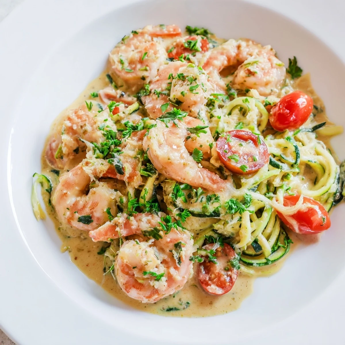 Creamy Garlic Shrimp with Zucchini Noodles served in a skillet with fresh parsley and lemon wedges.