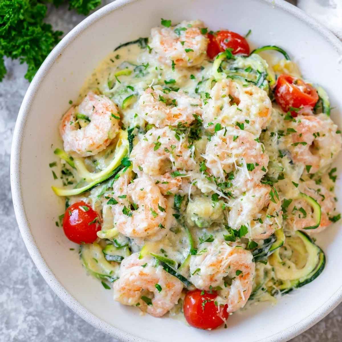 Plate of Creamy Garlic Shrimp with Zucchini Noodles alongside a glass of chilled Sauvignon Blanc.