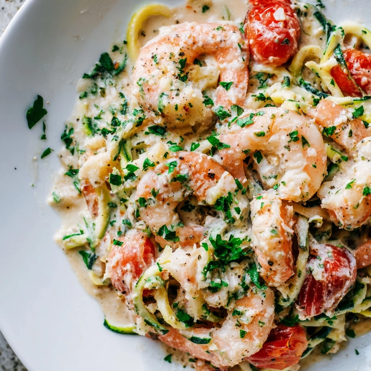 Tender zucchini noodles twirl with shrimp in a rich, garlicky cream sauce for a low carb meal.
