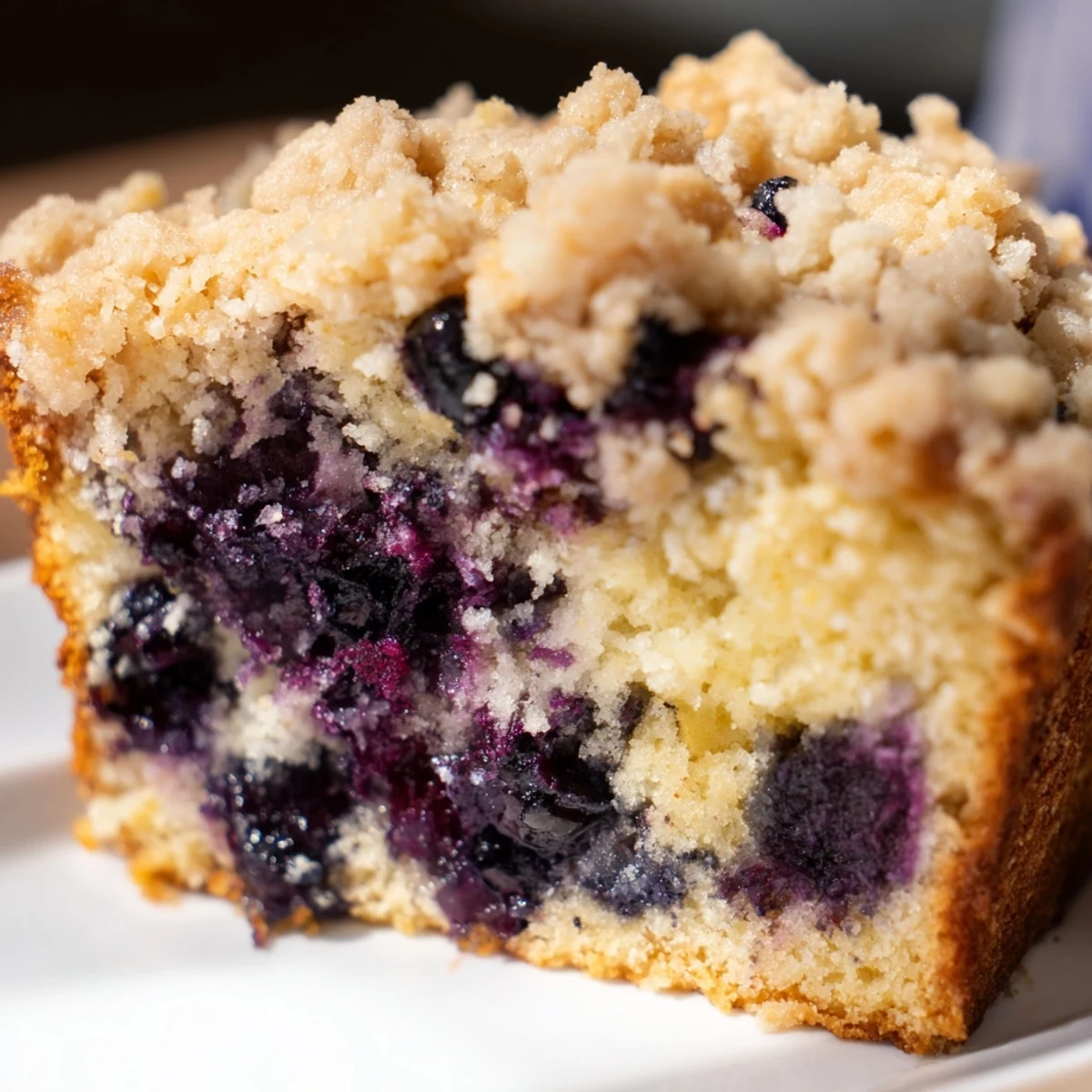 Golden slices of Lemon Blueberry Bread with streusel topping, revealing juicy blueberries and a soft, tangy crumb.
