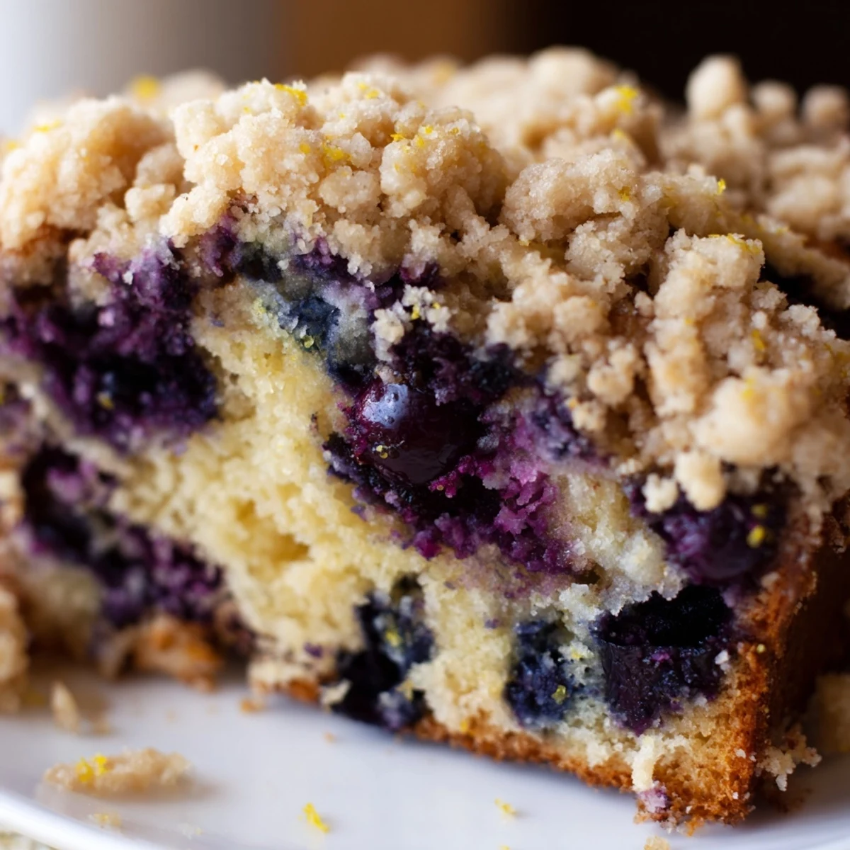 Moist Lemon Blueberry Bread cooling on a wire rack, showcasing the crunchy, buttery lemon streusel topping.
