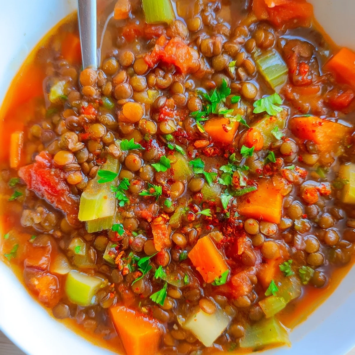 Spicy Lentil Soup with Carrots and Celery steaming in a rustic bowl, garnished with fresh parsley and a lemon wedge, served beside crusty bread.
