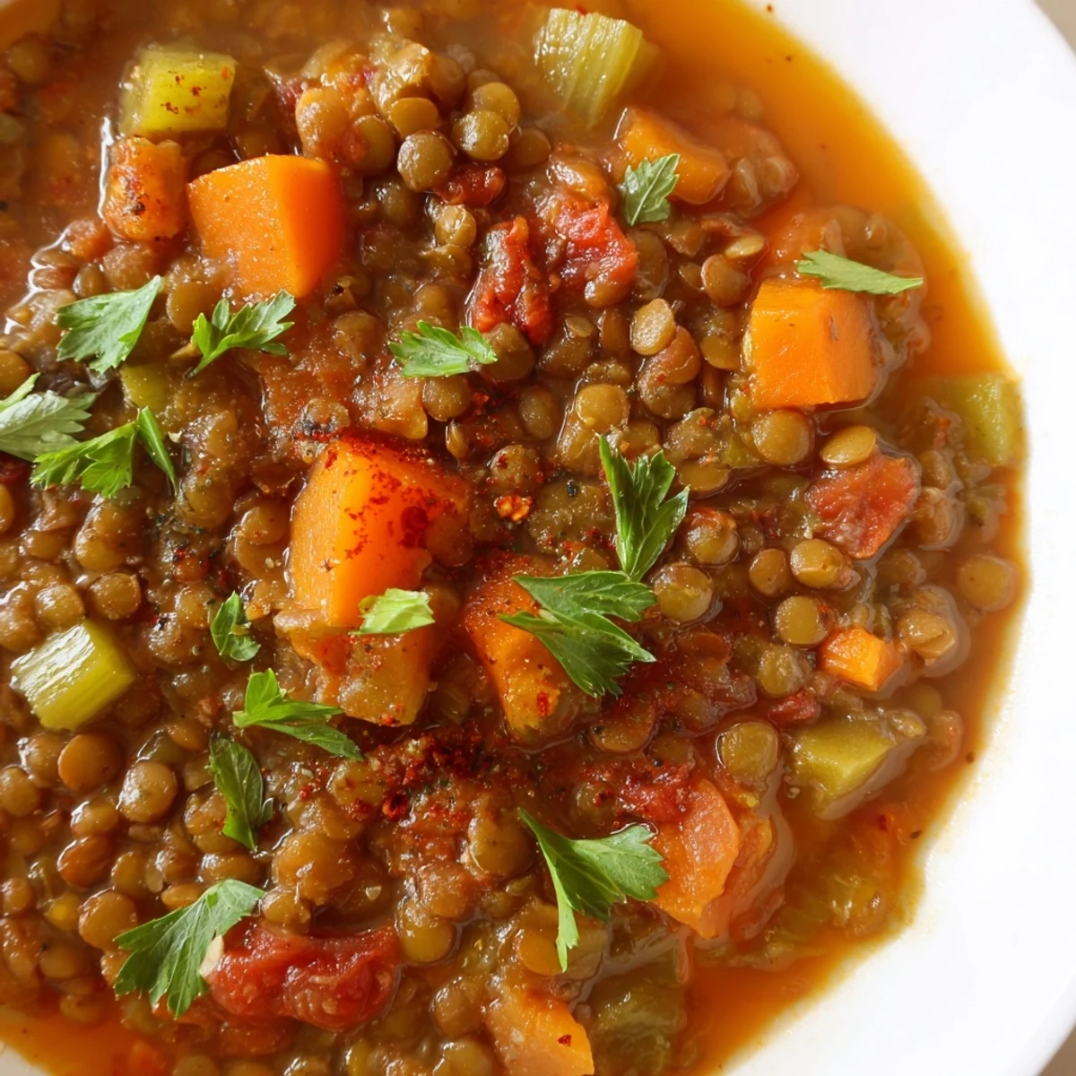 A close-up of Spicy Lentil Soup with Carrots and Celery, revealing tender lentils and colorful vegetables in a rich, reddish broth.
