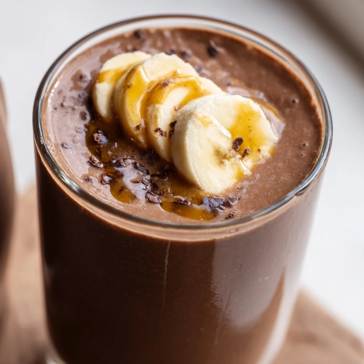 Chocolate Peanut Butter Smoothie with Banana poured into a tall glass, topped with shaved chocolate and a banana slice.