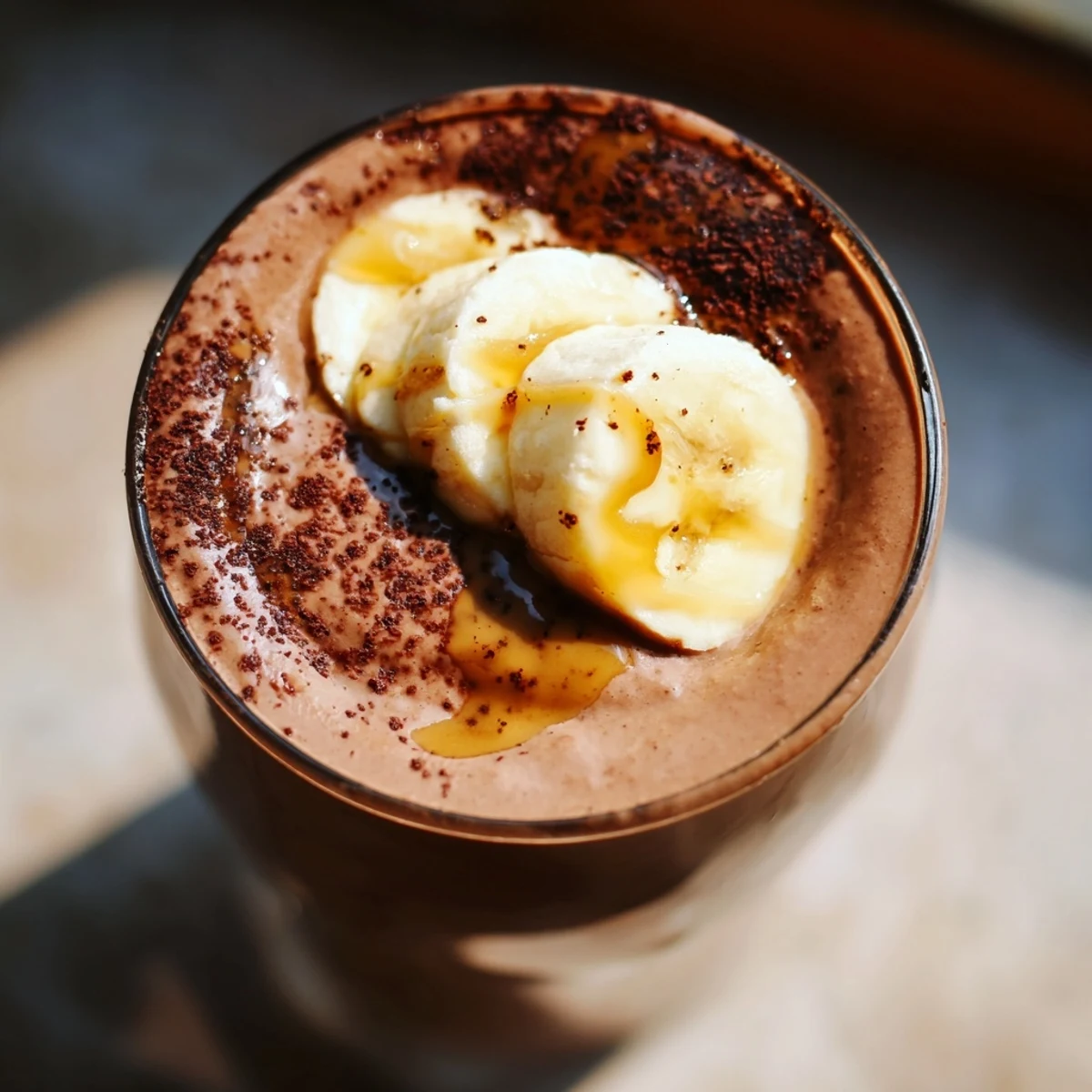 A blender filled with Chocolate Peanut Butter Smoothie with Banana, with ripe bananas and cocoa powder nearby.