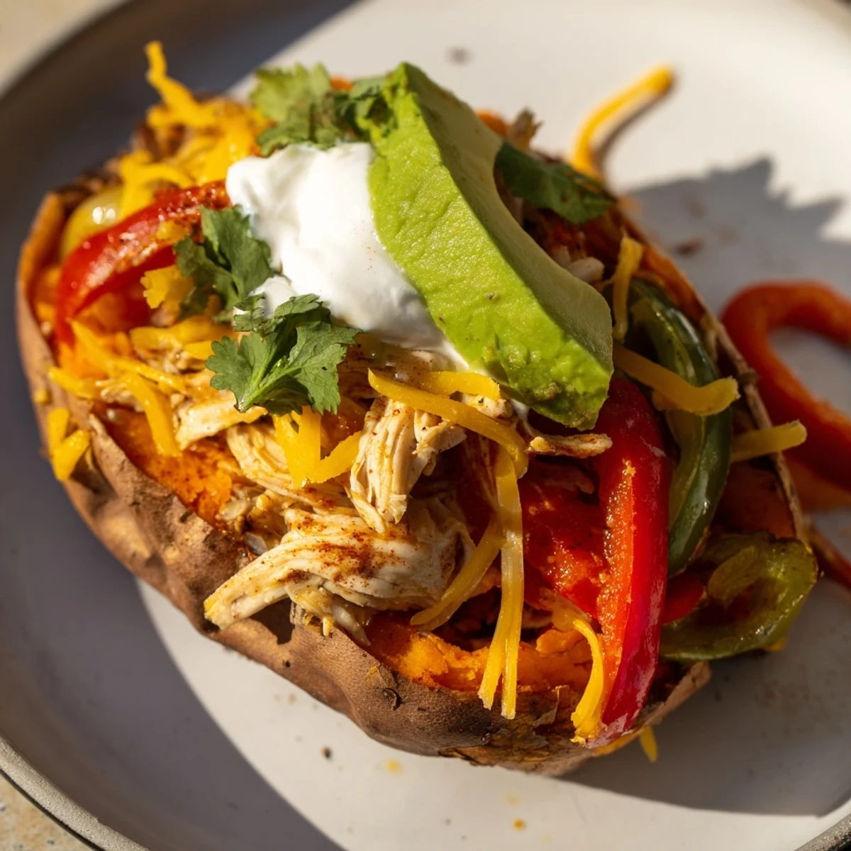 Freshly baked Chicken Fajita Stuffed Sweet Potatoes filled with spiced chicken, peppers, and onions, garnished with cilantro.