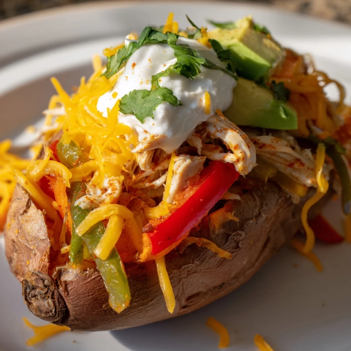 Roasted Chicken Fajita Stuffed Sweet Potatoes topped with melted cheese, avocado slices, and a dollop of sour cream.