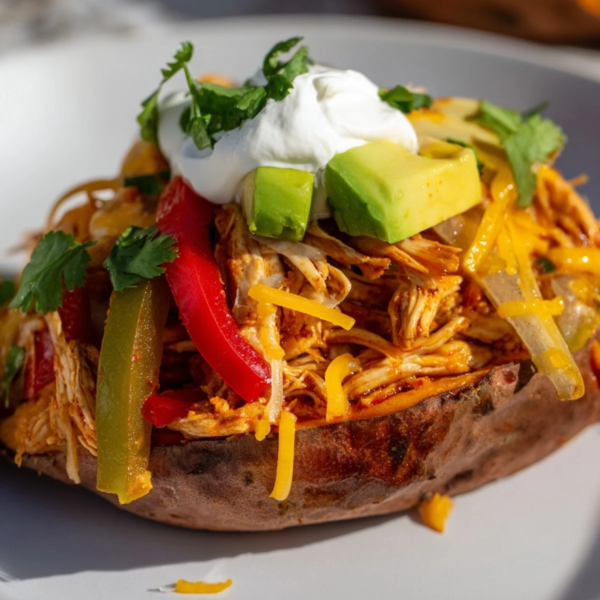 A vibrant platter of Chicken Fajita Stuffed Sweet Potatoes served with lime wedges and a creamy yogurt drizzle.