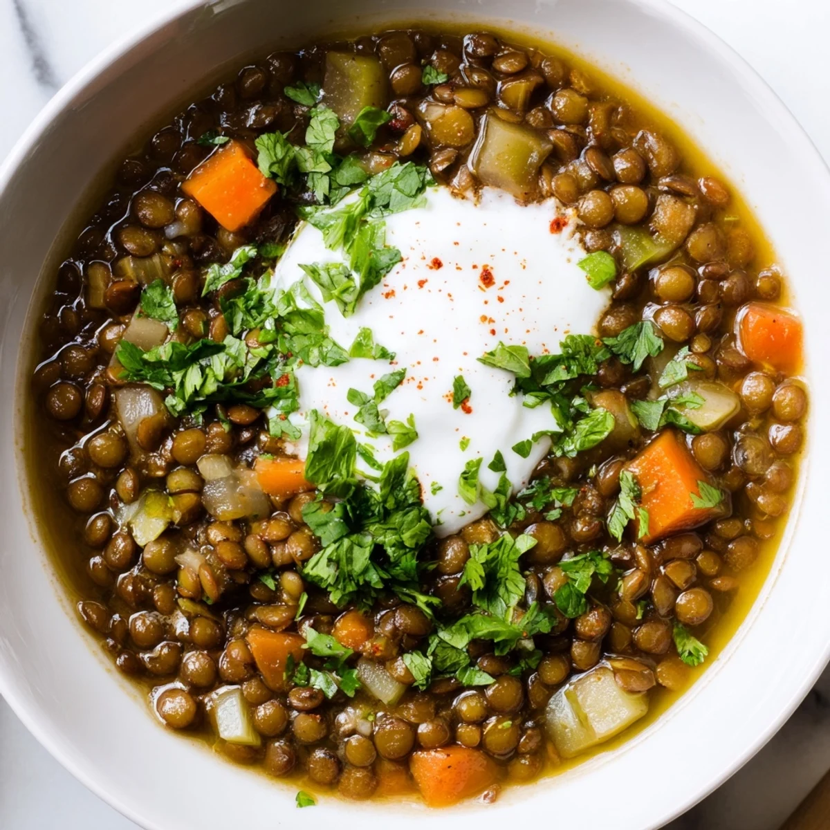 Steam bowls of Spicy Lentil Soup with Carrots, Celery, and Cumin with fresh cilantro garnish. 