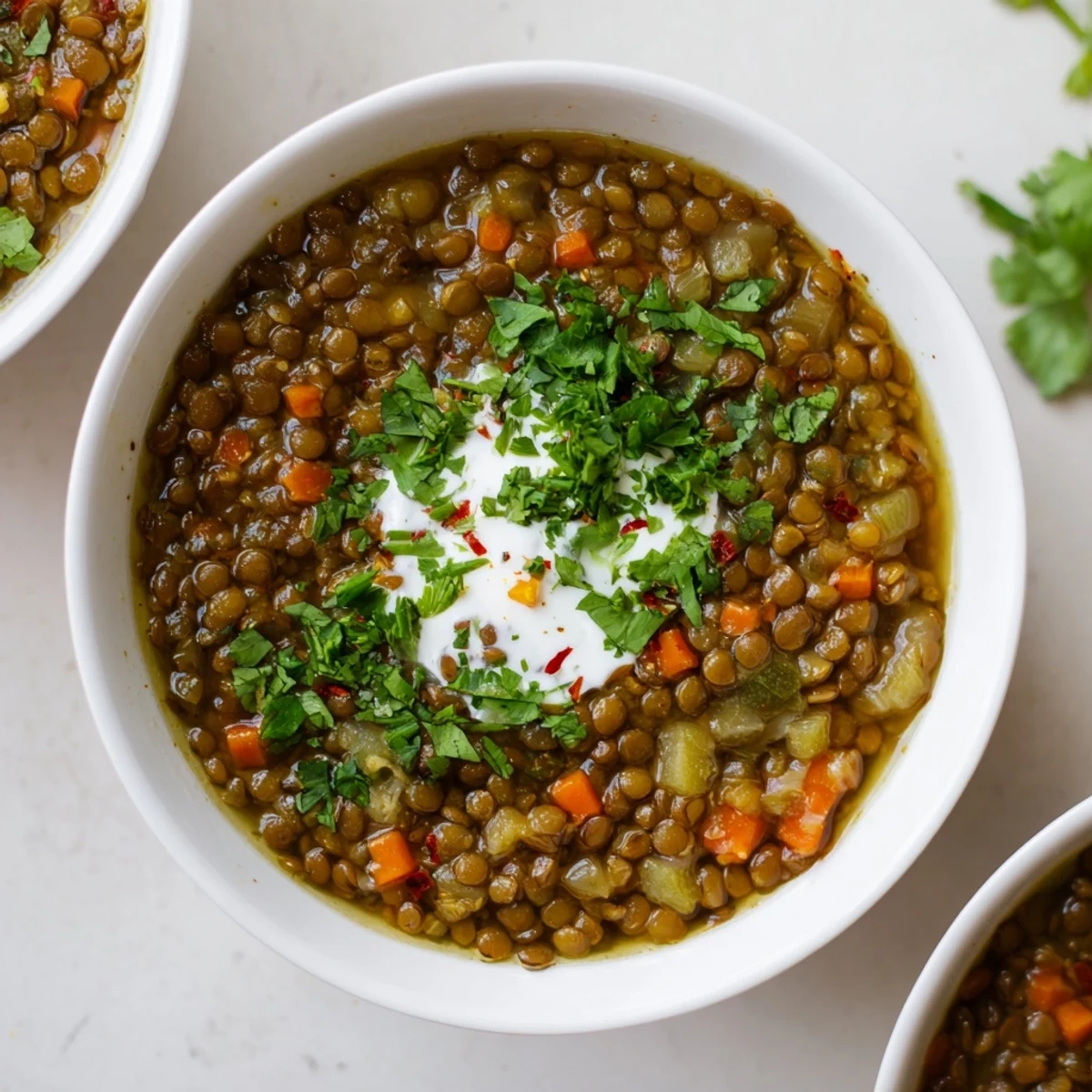 Close-up on golden broth and tender lentils in a Spicy Lentil Soup with Carrots, Celery, and Cumin.
