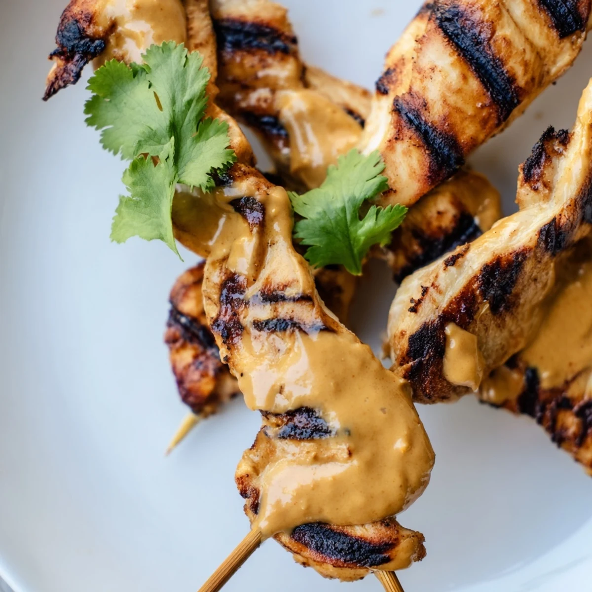 Freshly grilled chicken satay skewers with spicy peanut sauce are arranged beside crisp cucumber slices and colorful red onion.