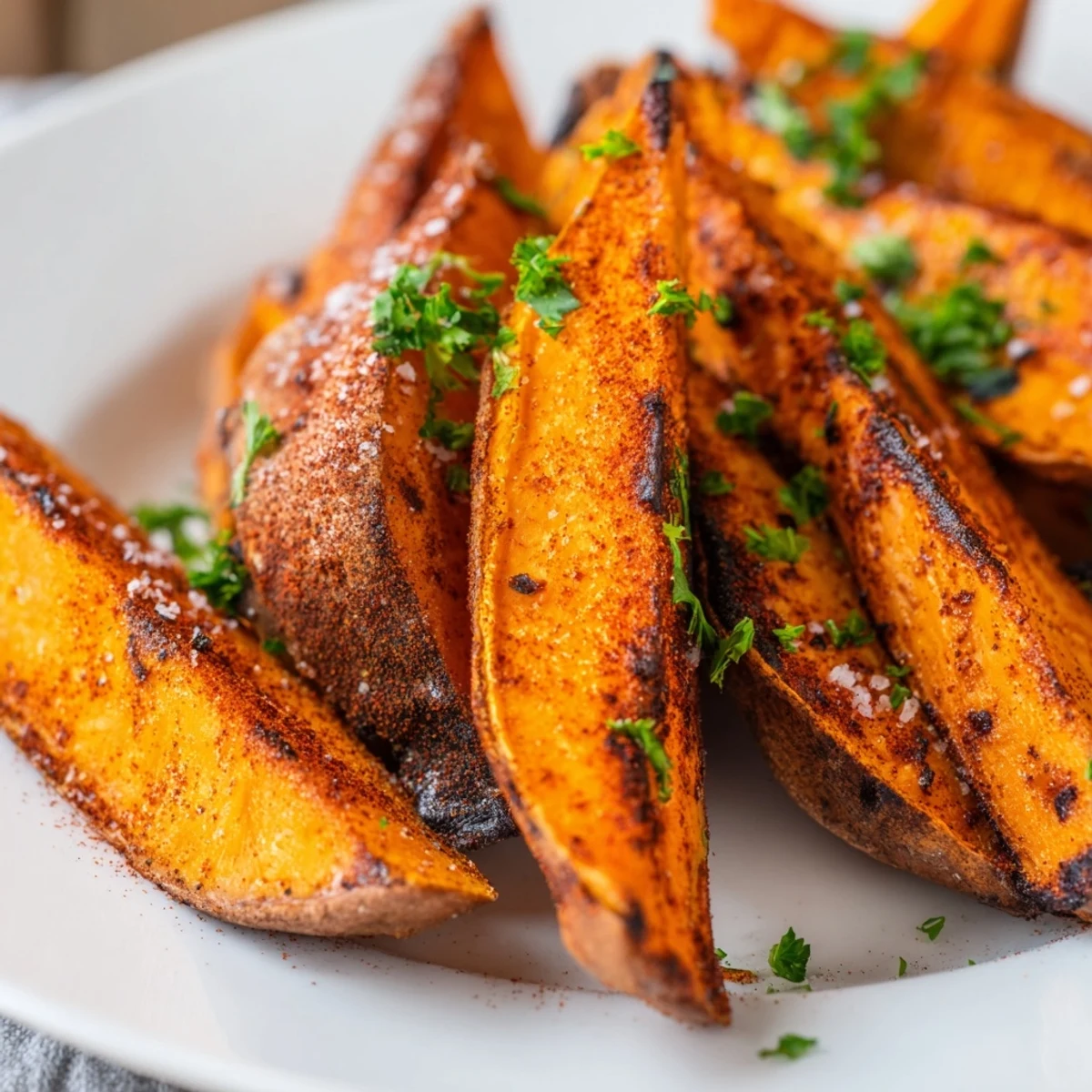 Golden brown Roasted Sweet Potato Wedges with Smoked Paprika are crispy on the edges and served hot from the oven with fresh parsley. 