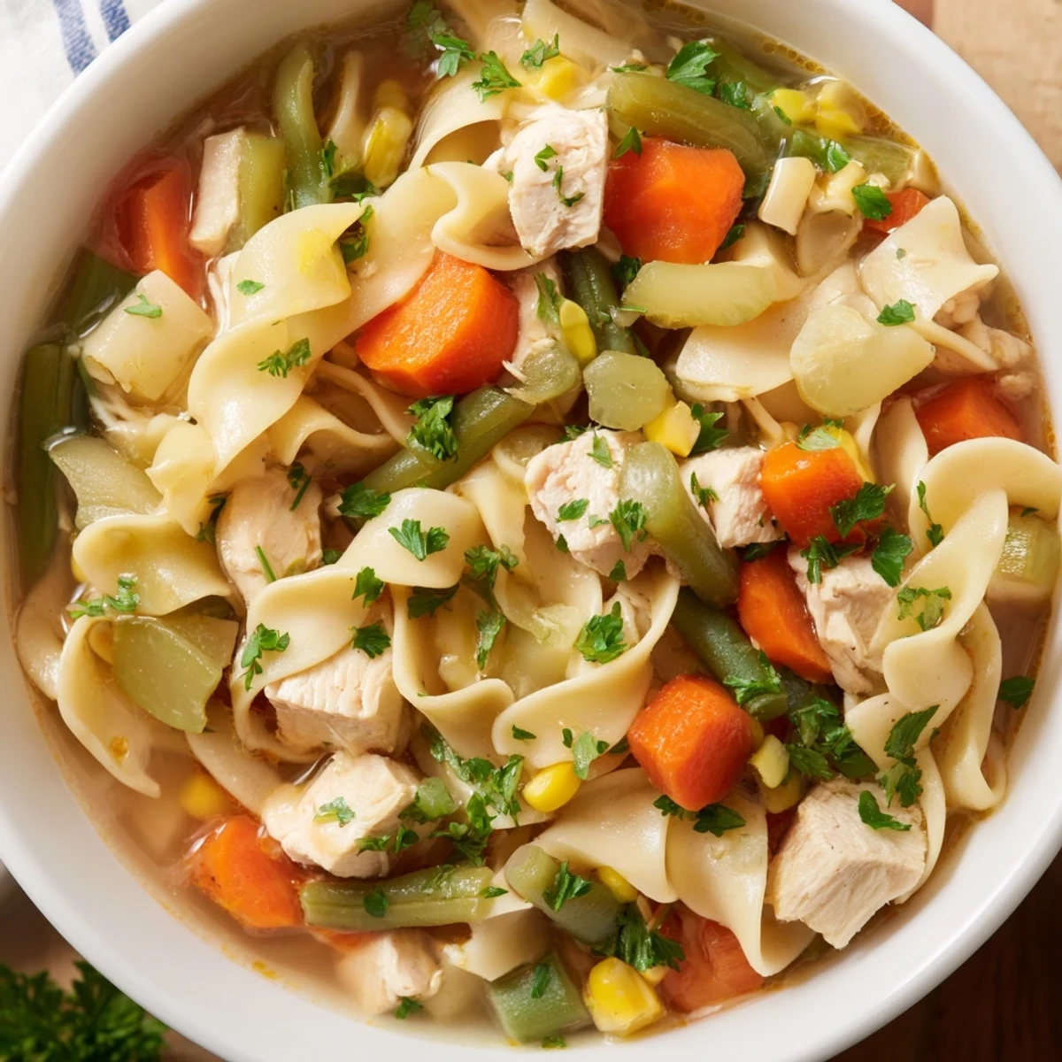 Steaming bowl of Chicken Vegetable Soup with Egg Noodles, featuring tender chicken, carrots, and green beans in a golden broth.
