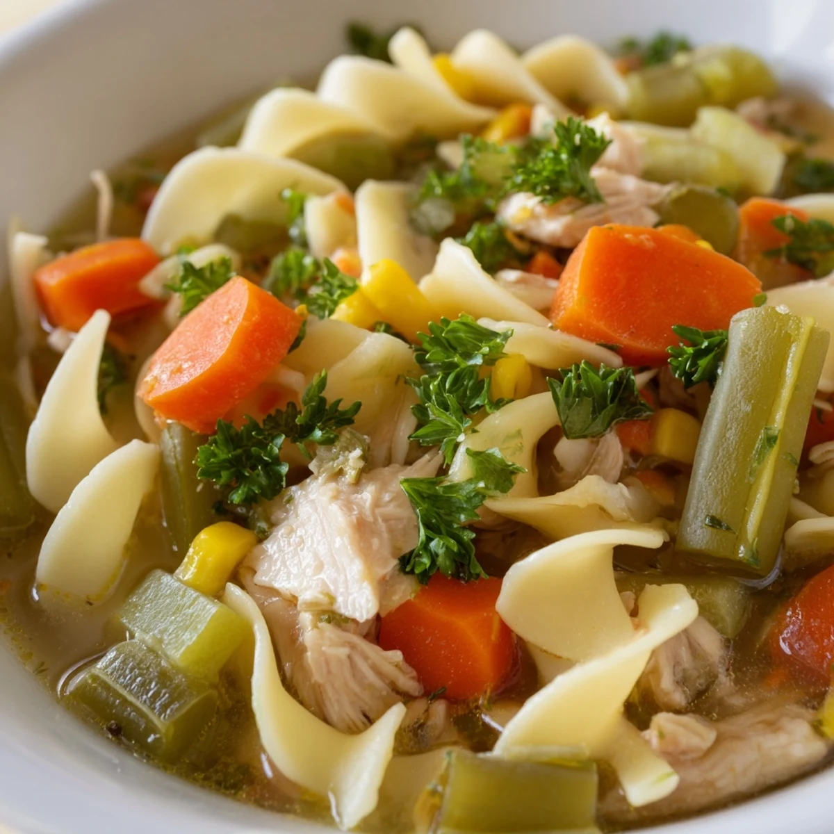 A hearty, comforting ladle of Chicken Vegetable Soup with Egg Noodles served in a rustic mug, garnished with fresh parsley.