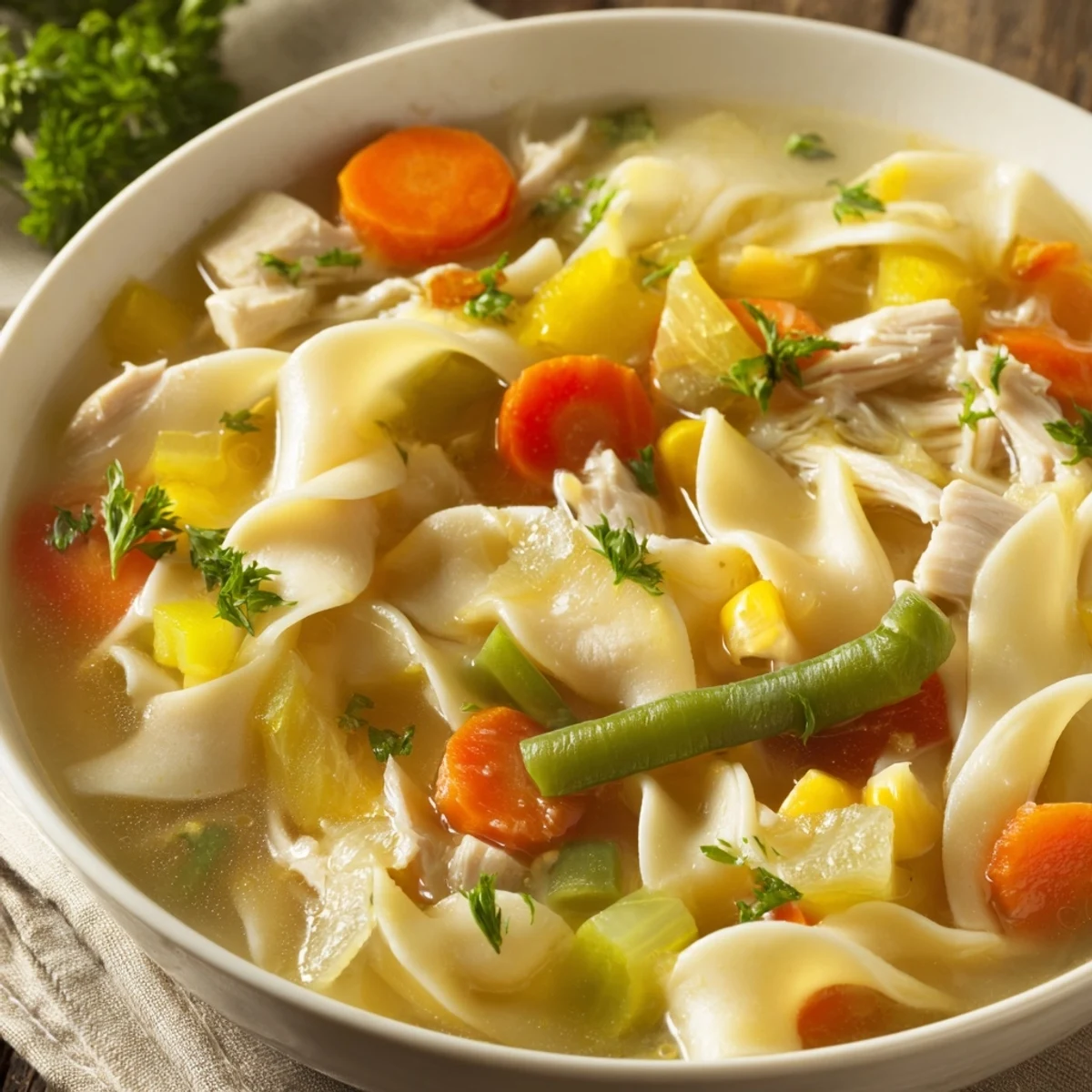Homemade Chicken Vegetable Soup with Egg Noodles brimming with corn, celery, and carrots, ready to enjoy on a cold day.