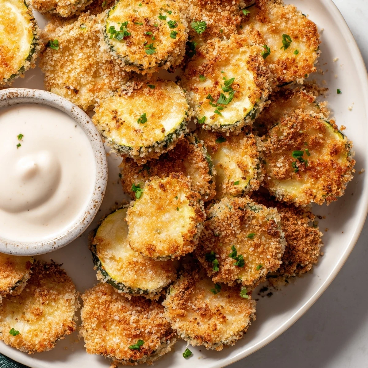 A serving of Crispy Air Fryer Zucchini Chips with Ranch on a white plate, featuring golden-brown breading and fresh green herbs visible.