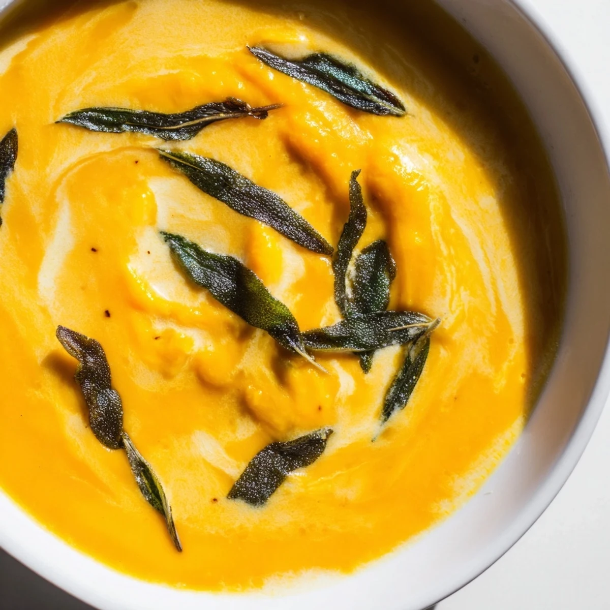 A bowl of creamy Roasted Butternut Squash Soup with Crispy Sage, featuring a rich orange puree topped with crunchy, dark green sage leaves.