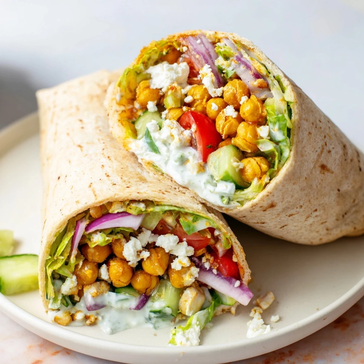 Golden-brown spiced chickpeas, crisp veggies, and creamy tzatziki sauce are tightly wrapped in a soft whole wheat flatbread for a handheld Mediterranean lunch.