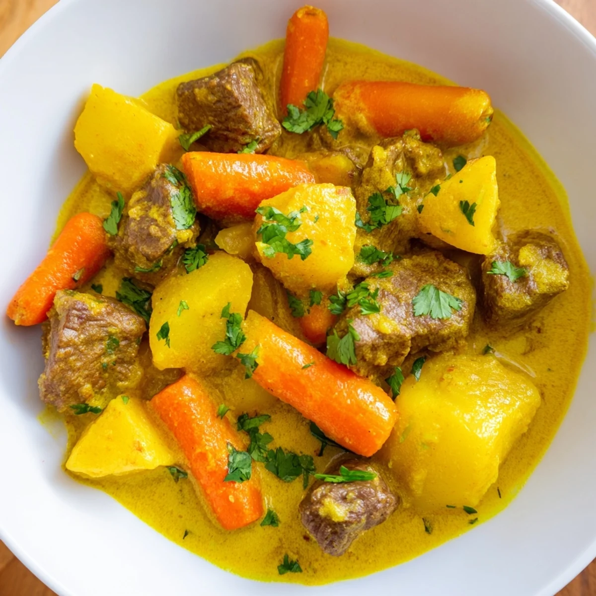 Brightly lit Slow Cooker Beef Curry with Coconut Milk is ready to serve, garnished with cilantro and a lime wedge for squeezing.