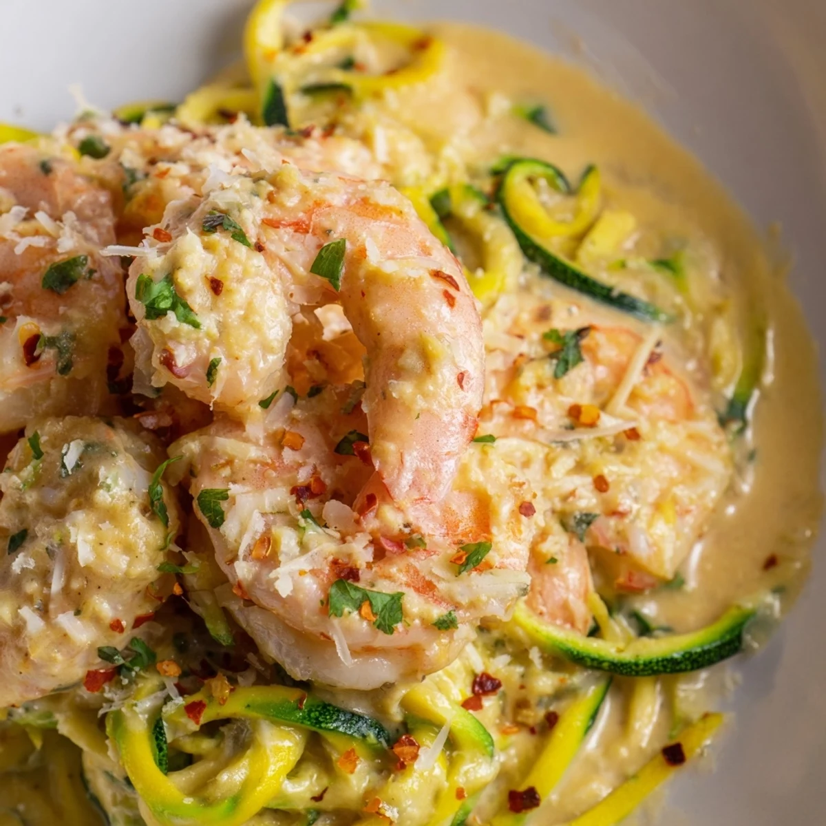 Creamy Garlic Shrimp with Zucchini Noodles and Lemon is plated in a white bowl, garnished with fresh parsley and a lemon wedge.