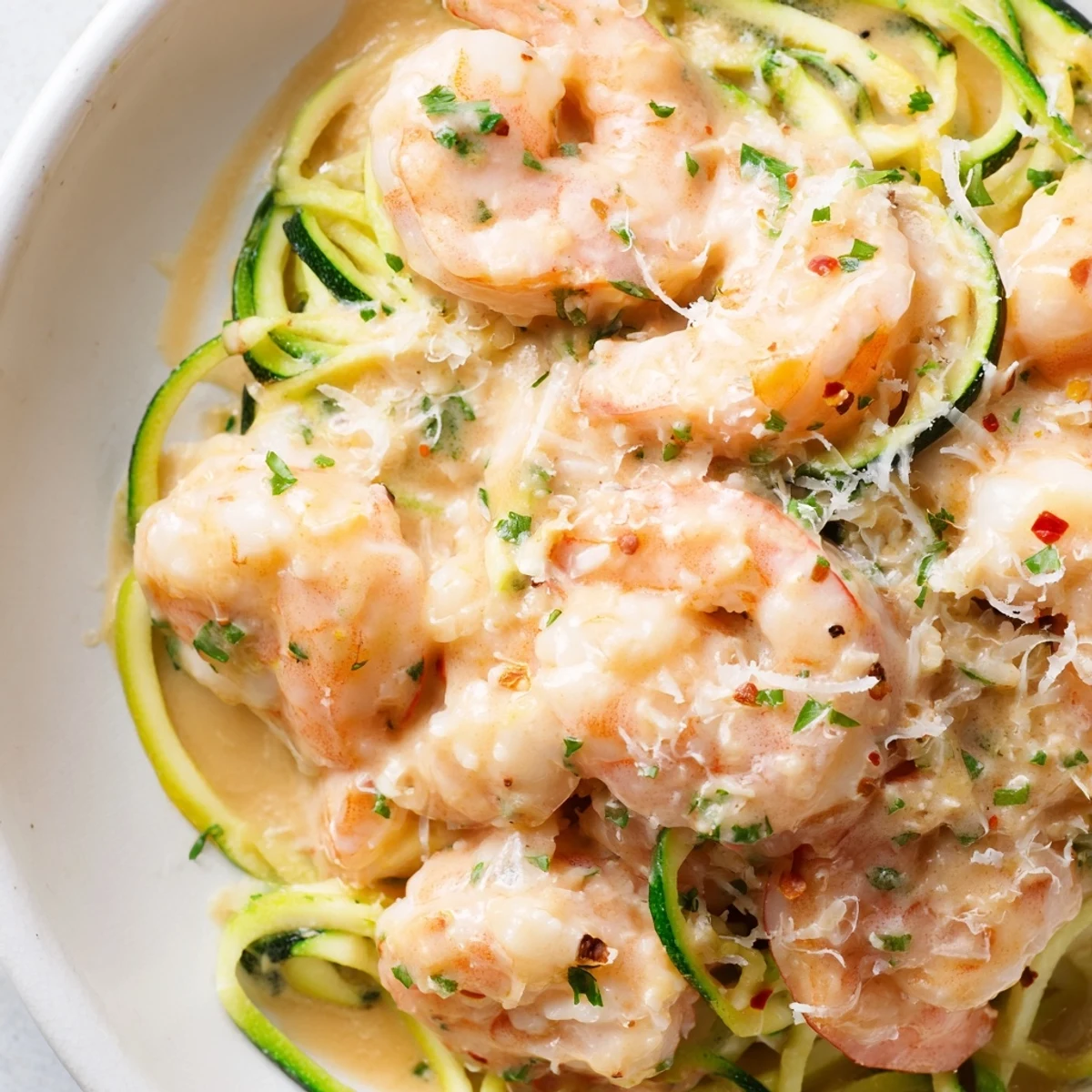 Spoon lifting a bite of Creamy Garlic Shrimp with Zucchini Noodles and Lemon, serving as a low-carb weeknight dinner idea.