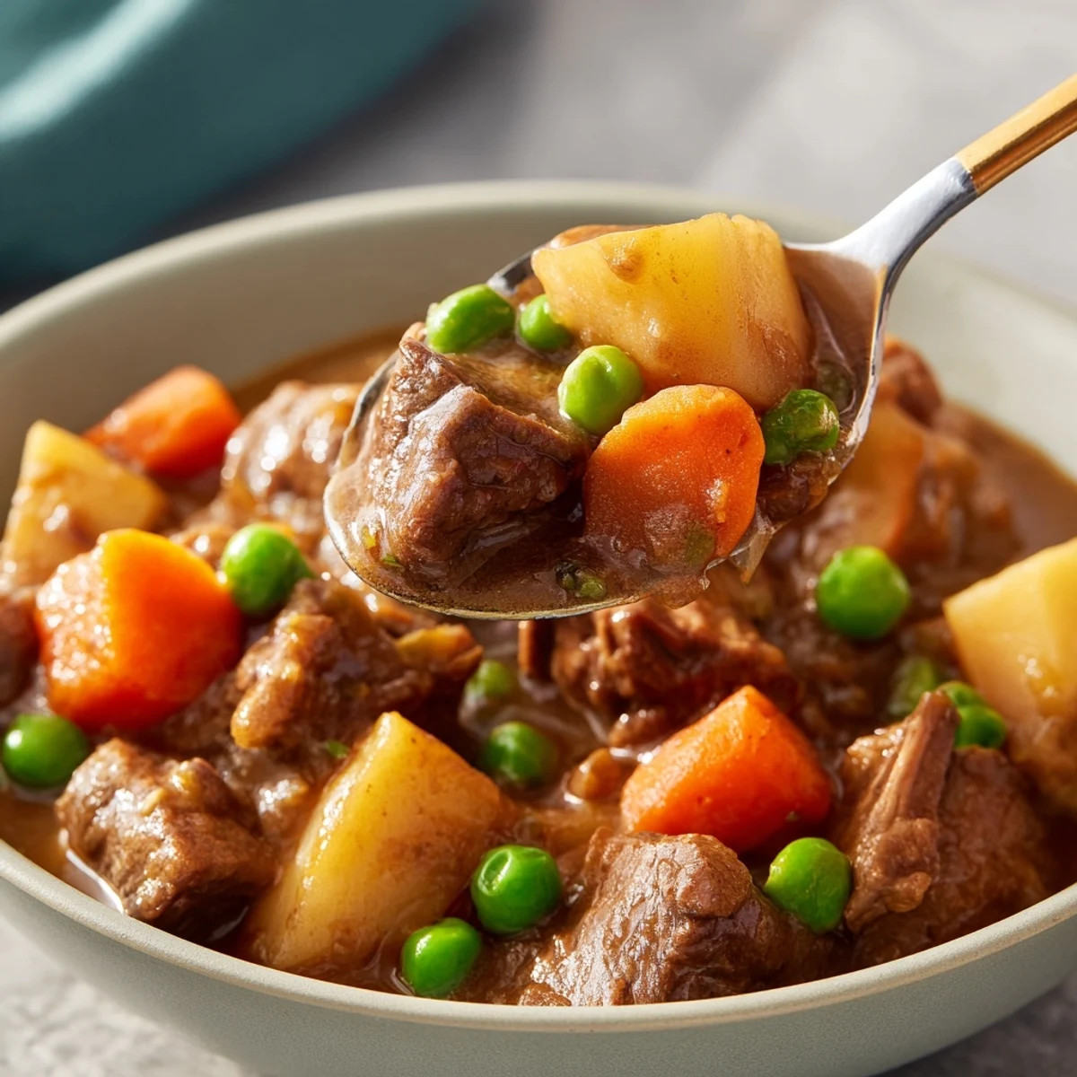 Golden Slow Cooker Beef Stew with Vegetables bubbling in a ceramic insert, featuring tender beef cubes, carrots, and potatoes in rich gravy.