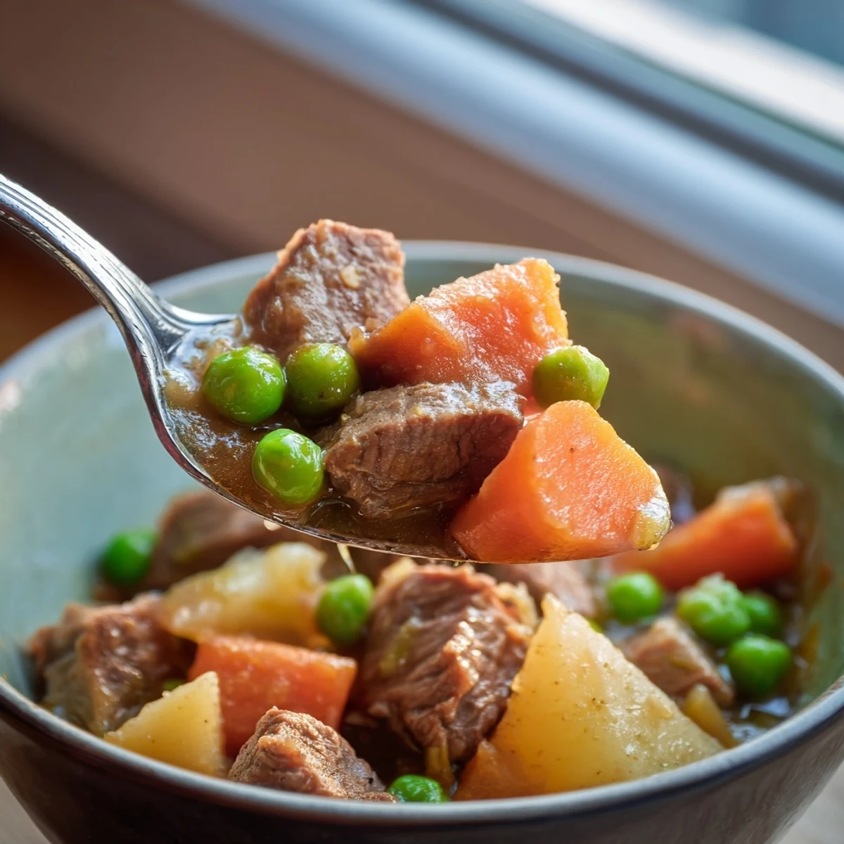 Thick Slow Cooker Beef Stew with Vegetables served in a rustic bowl, garnished with fresh thyme and savory peas for a cozy family dinner.