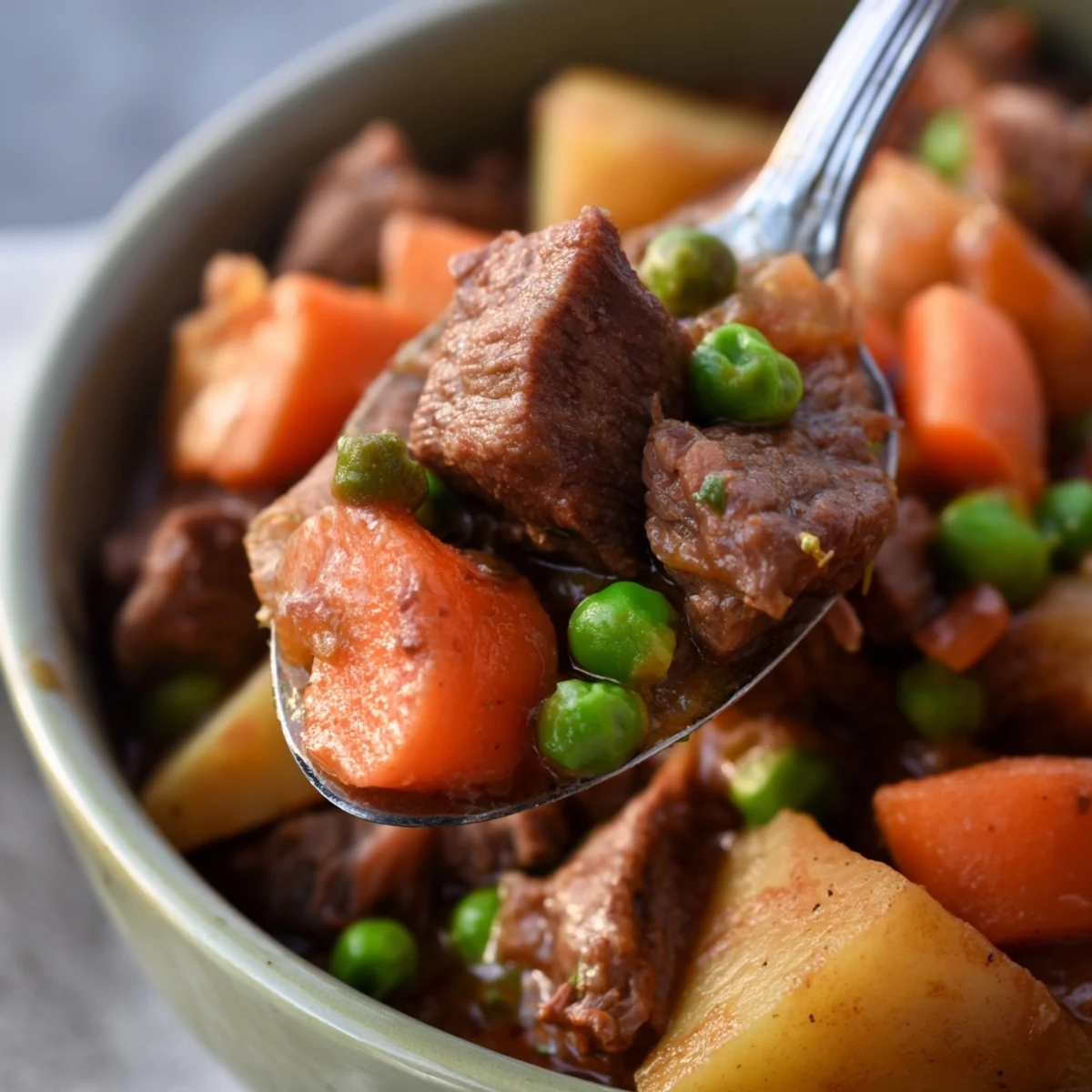 Close-up of Slow Cooker Beef Stew with Vegetables, showing glazed carrots and soft potatoes in a dark, flavorful broth next to crusty bread.