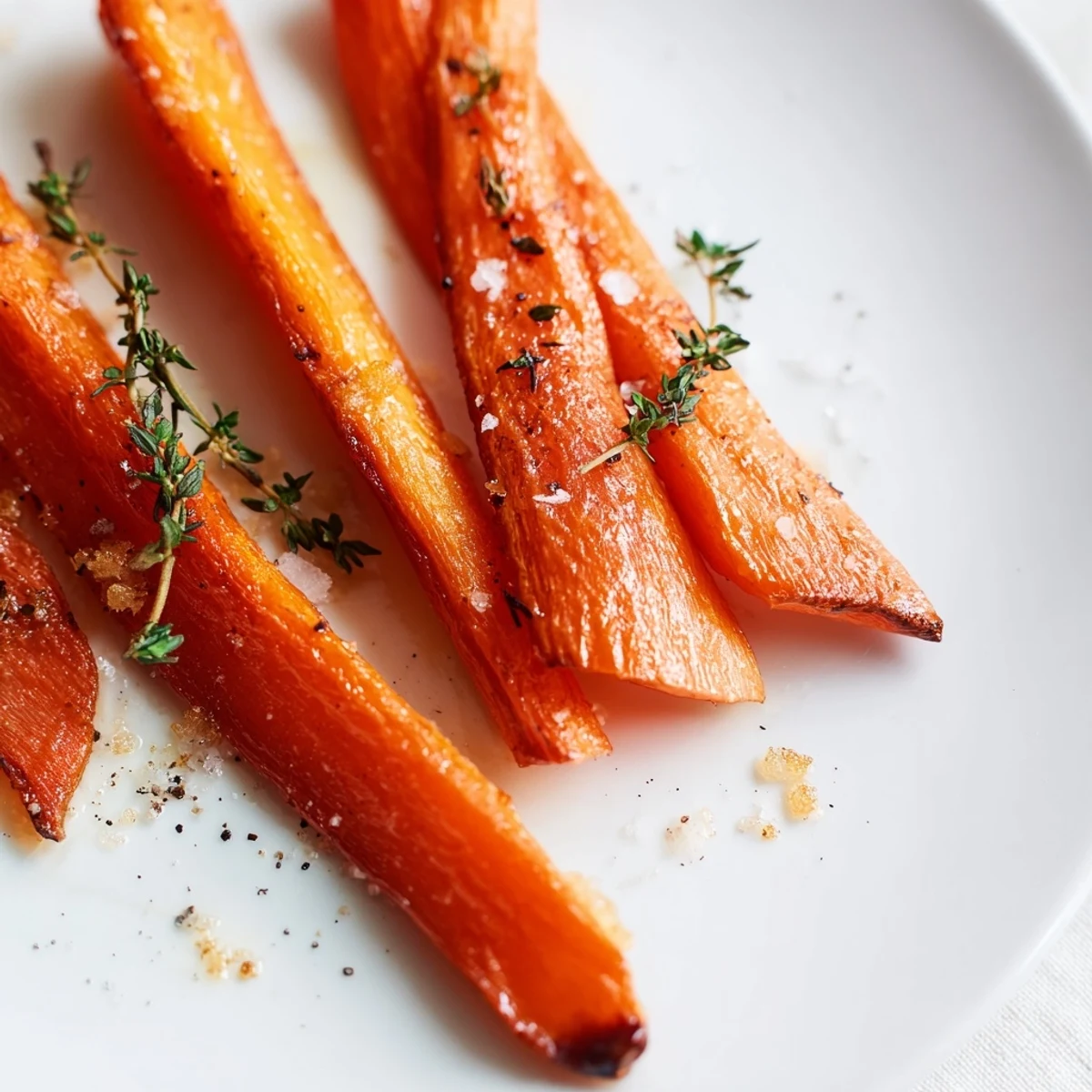 Roasted carrots with honey and thyme glisten on a parchment-lined sheet pan, caramelized edges glowing in warm light.