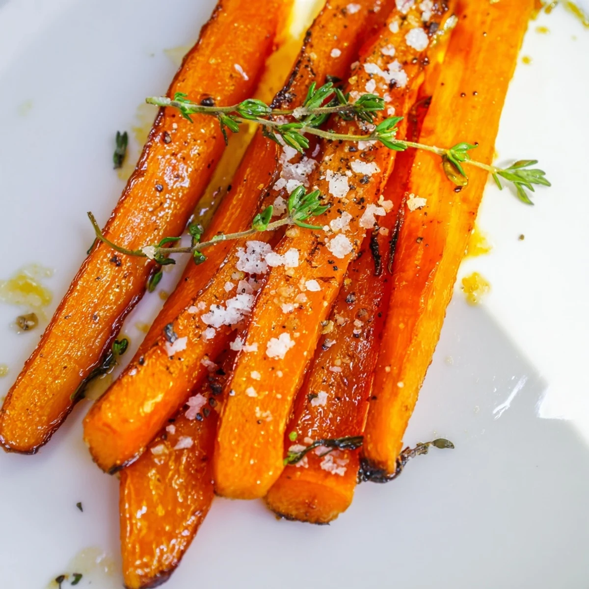 Golden roasted carrots with honey and thyme are garnished with thyme sprigs, paired with a slice of crusty bread.