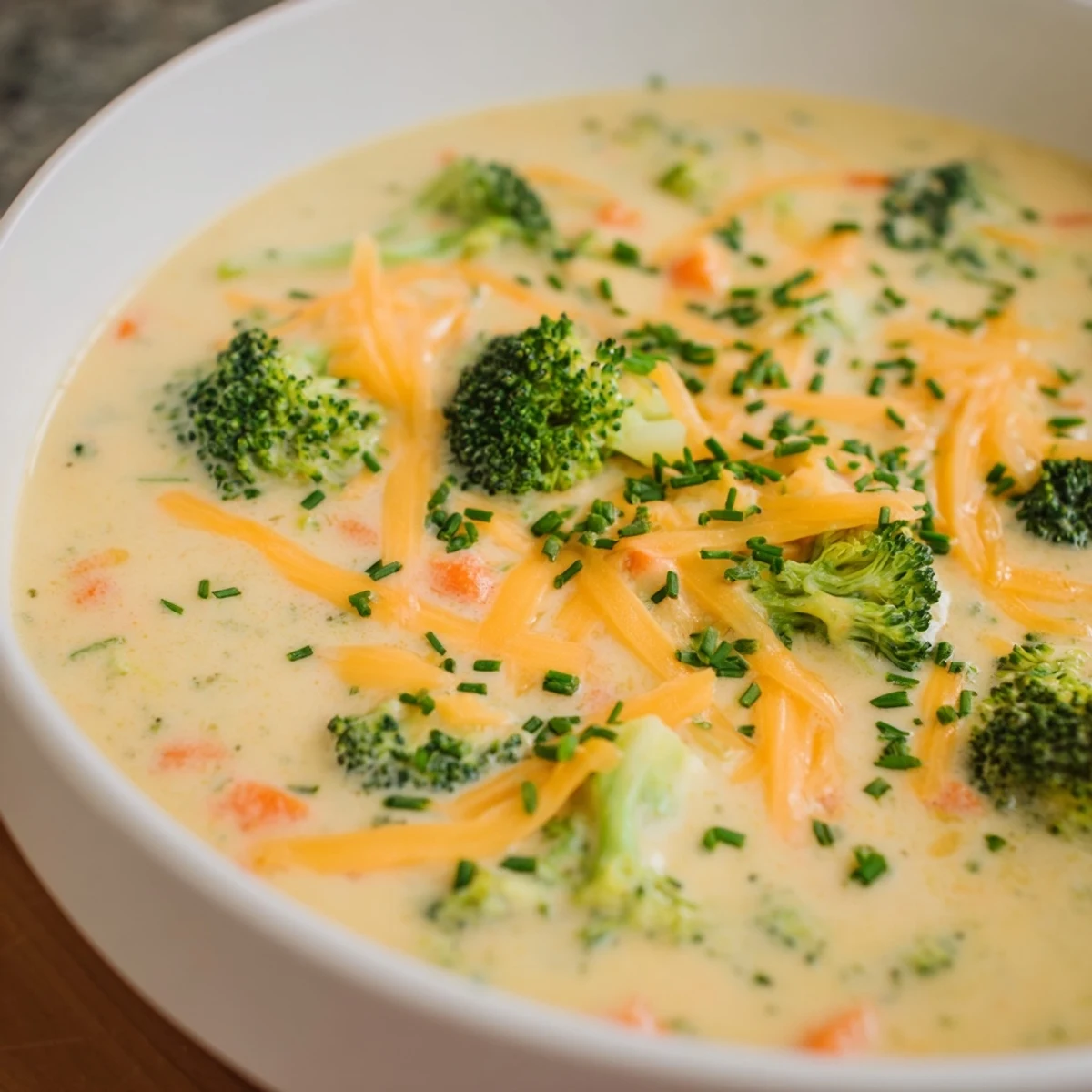 A steaming bowl of Creamy Broccoli Cheddar Soup, garnished with vibrant green chives and extra cheese.