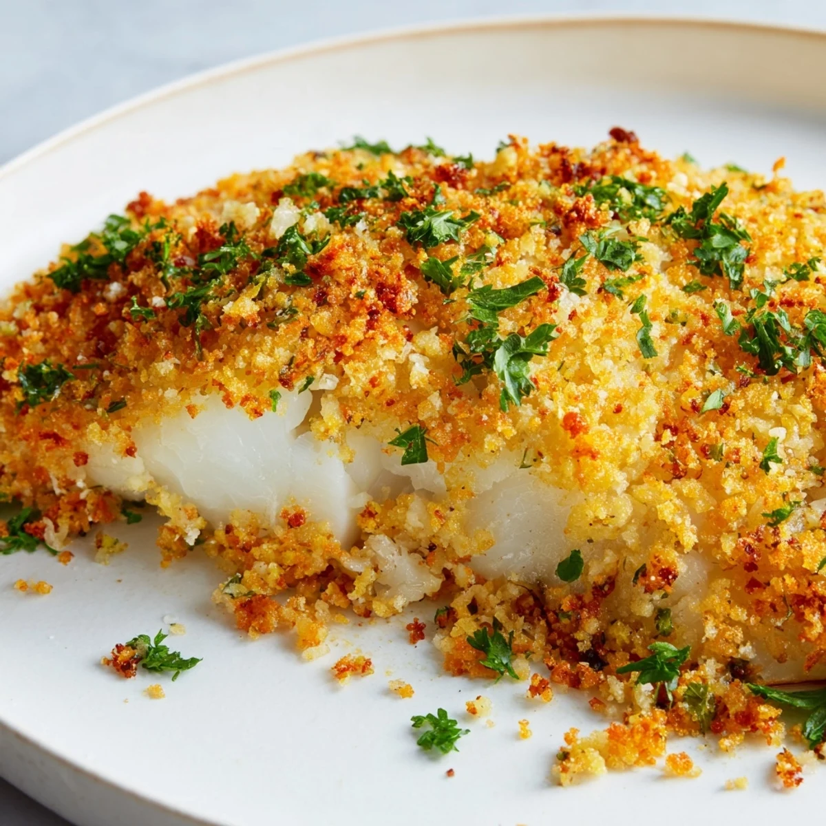 Golden-brown Baked Cod with Panko Crust fillets arranged on a white plate with fresh lemon wedges.