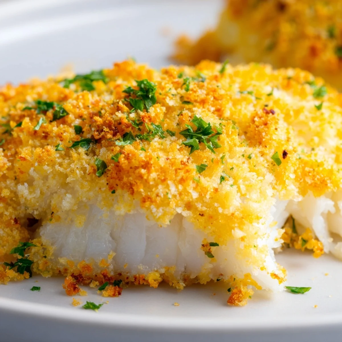 A close-up of Baked Cod with Panko Crust showing the crisp, golden topping and flaky fish.