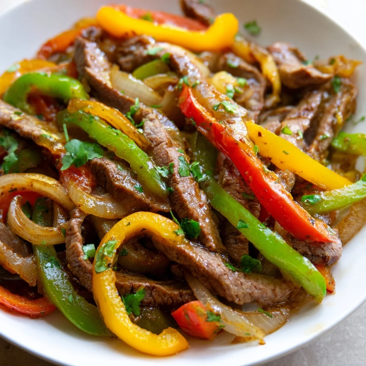 Freshly prepared Beef Fajitas with Peppers and Onions garnished with chopped cilantro and lime, ready to enjoy with guacamole and your favorite salsa.