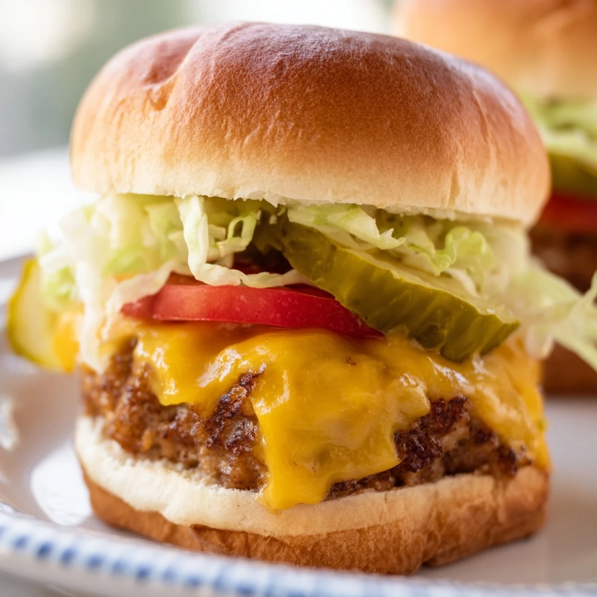Golden-brown Tailgate Turkey Burger Sliders with melted cheddar cheese, crisp lettuce, and fresh tomato slices stacked on soft slider buns.