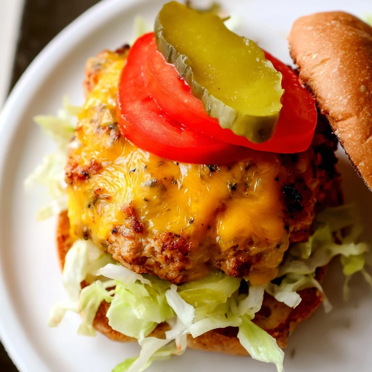 A close-up view of Tailgate Turkey Burger Sliders featuring juicy, seasoned patties, melted cheese, and colorful toppings on toasted buns.