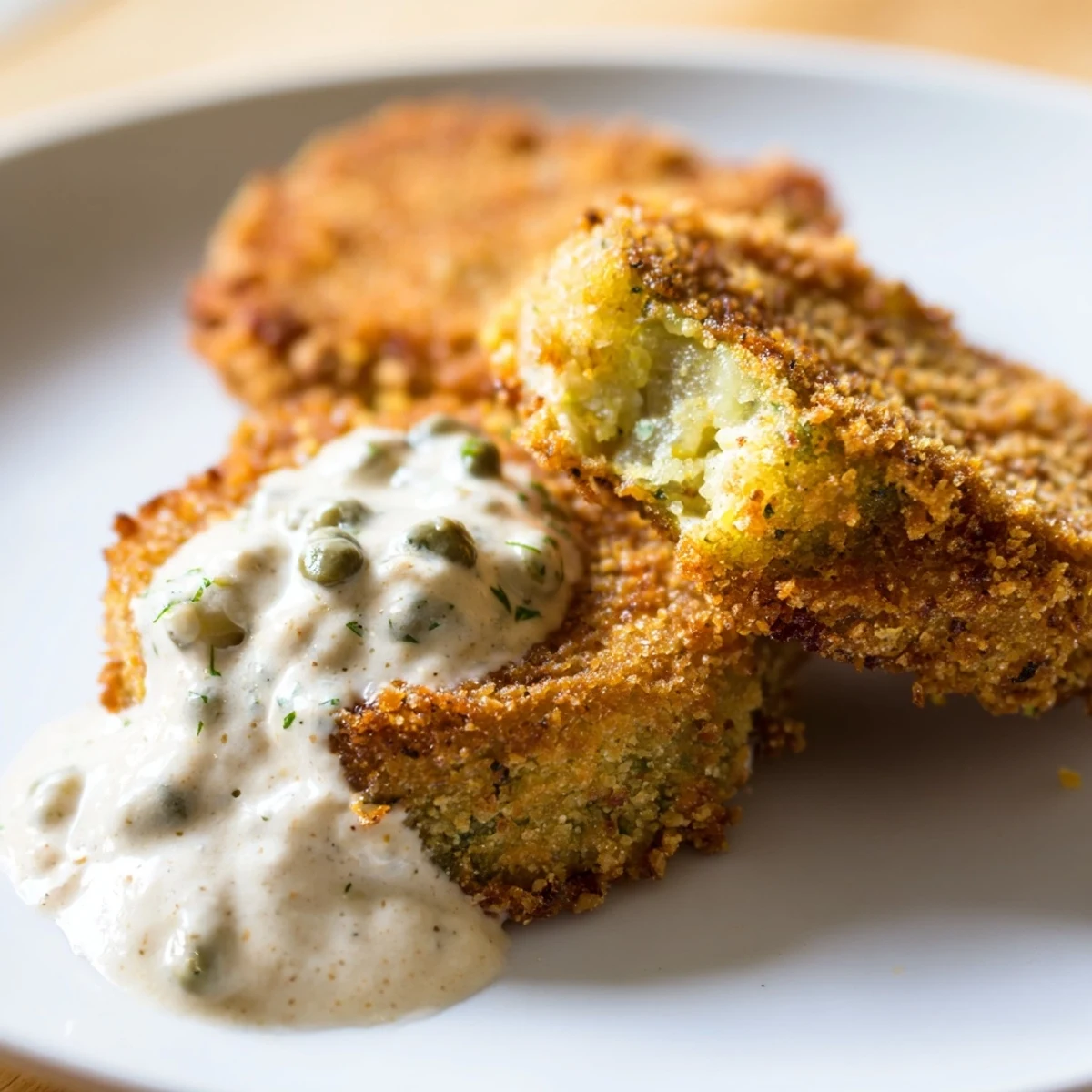 Golden Fried Green Tomatoes with Remoulade stacked high on a platter, showing their crispy cornmeal crust and vibrant green interiors.