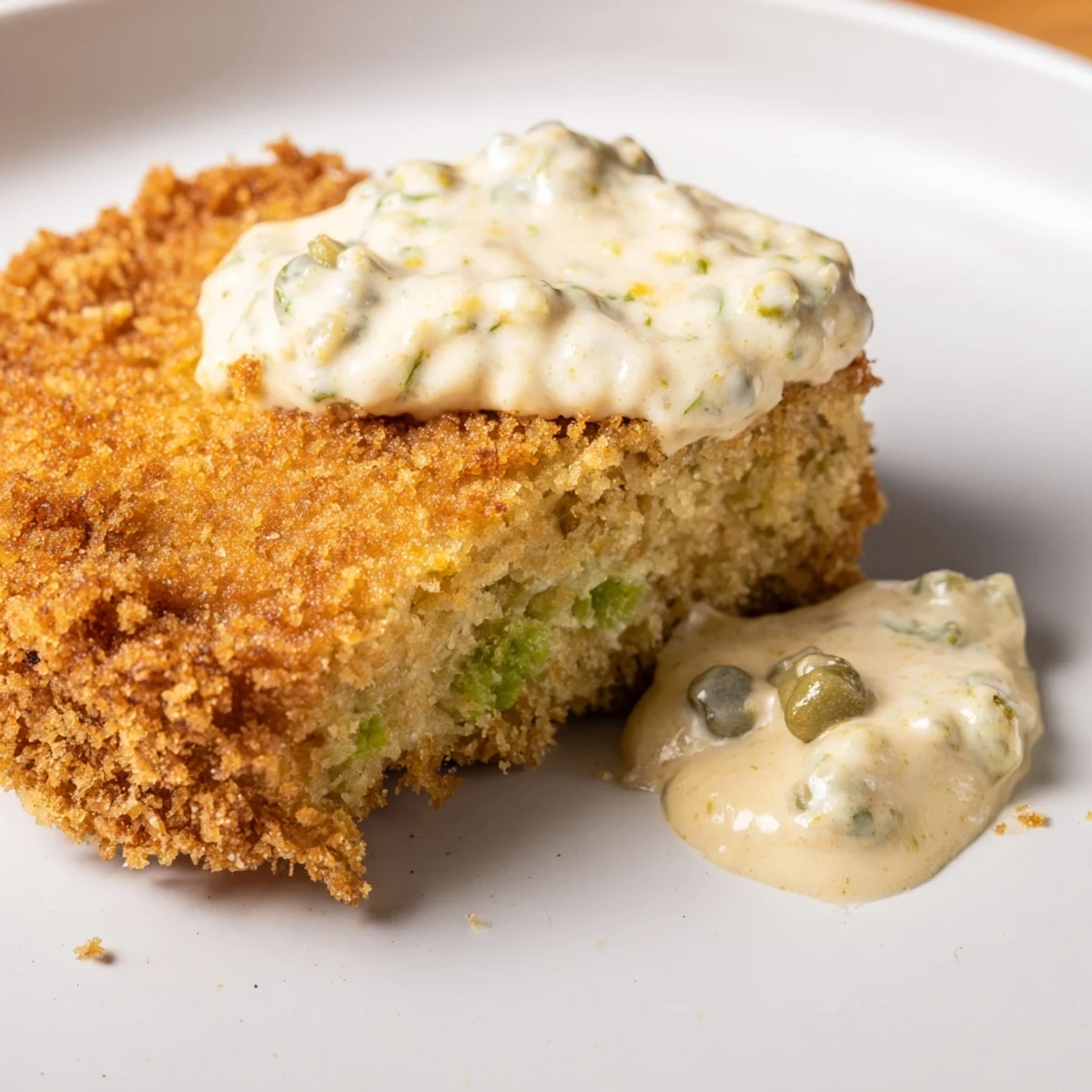 A close-up of a bite-sized Fried Green Tomato with Remoulade, highlighting the creamy sauce clinging to the crunchy, golden edges.