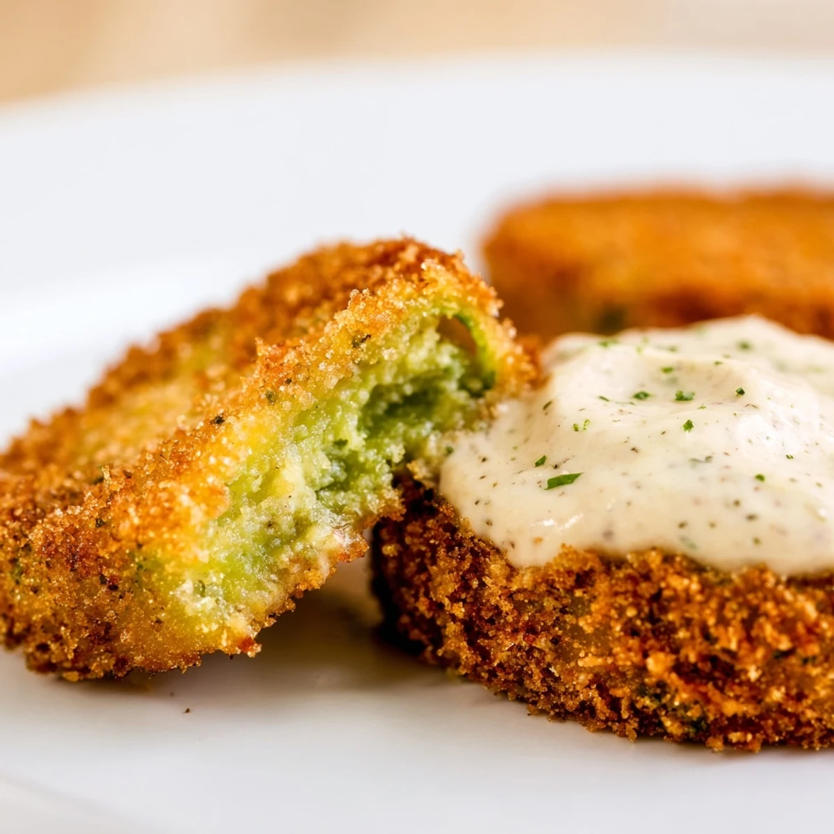 A rustic serving of Fried Green Tomatoes with Remoulade, arranged on a checkered napkin beside a tangy dipping sauce bowl.