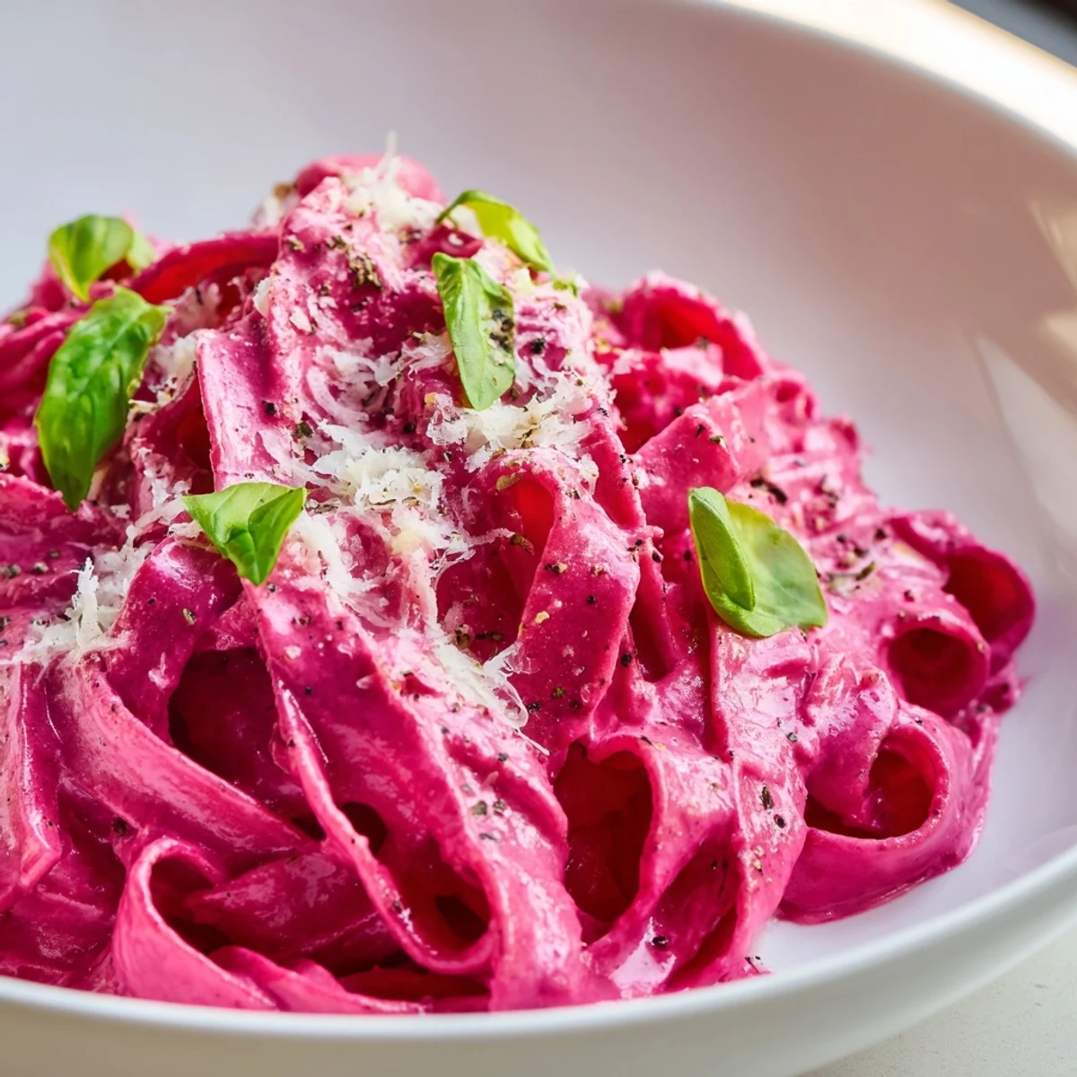 Creamy Valentine Pink Pasta with Beet Sauce served in a white bowl, garnished with fresh basil and grated Parmesan.