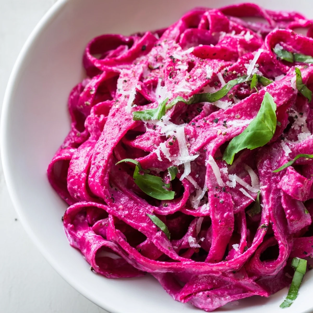 Freshly prepared Valentine Pink Pasta with Beet Sauce highlights the vibrant pink sauce coating each fettuccine strand.