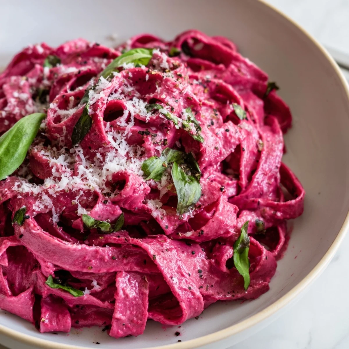 A close-up of Valentine Pink Pasta with Beet Sauce, featuring a drizzle of olive oil and cracked black pepper.