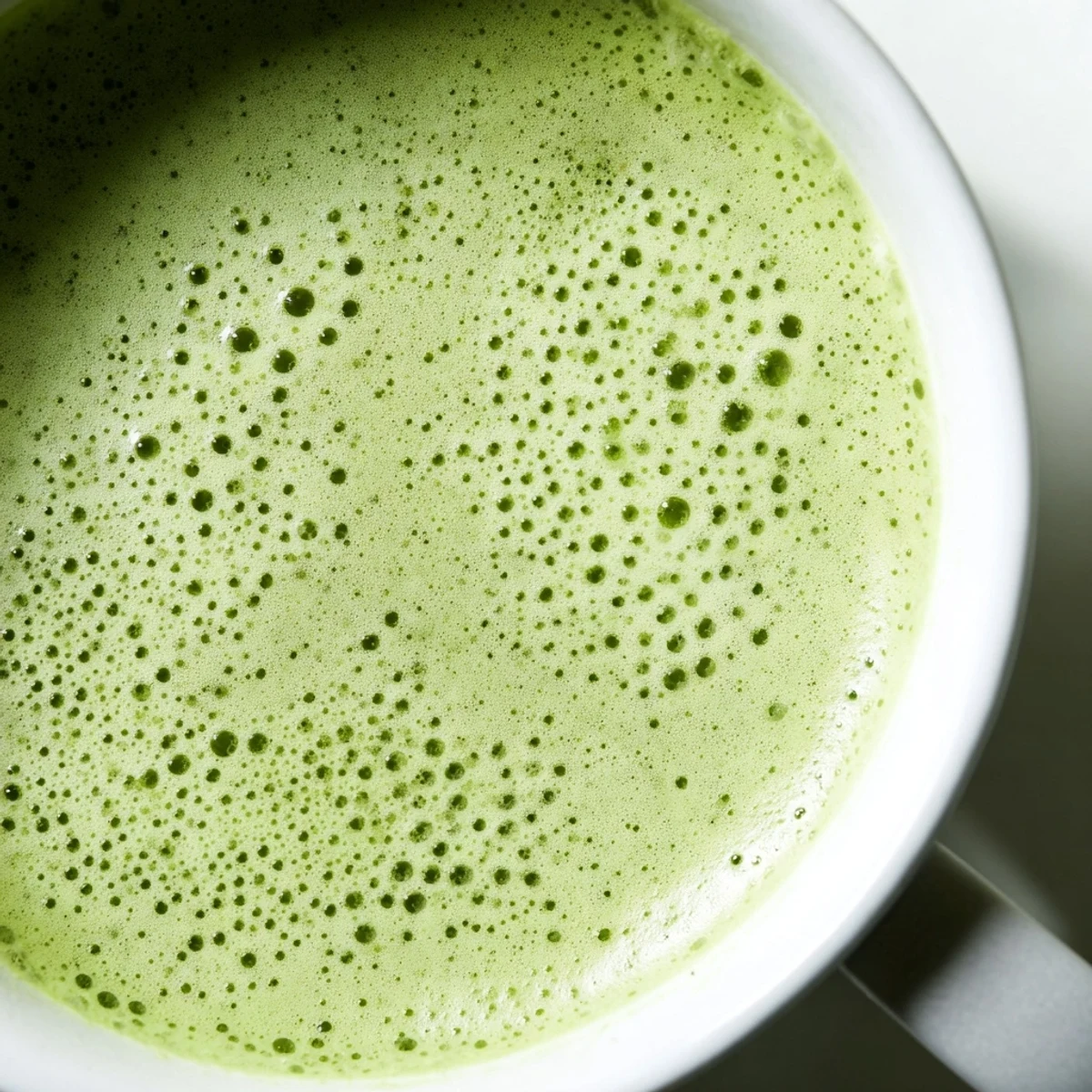 Creamy green matcha latte with frothy almond milk in a white mug, topped with vibrant green foam and a delicate swirl, perfect for a cozy morning.  