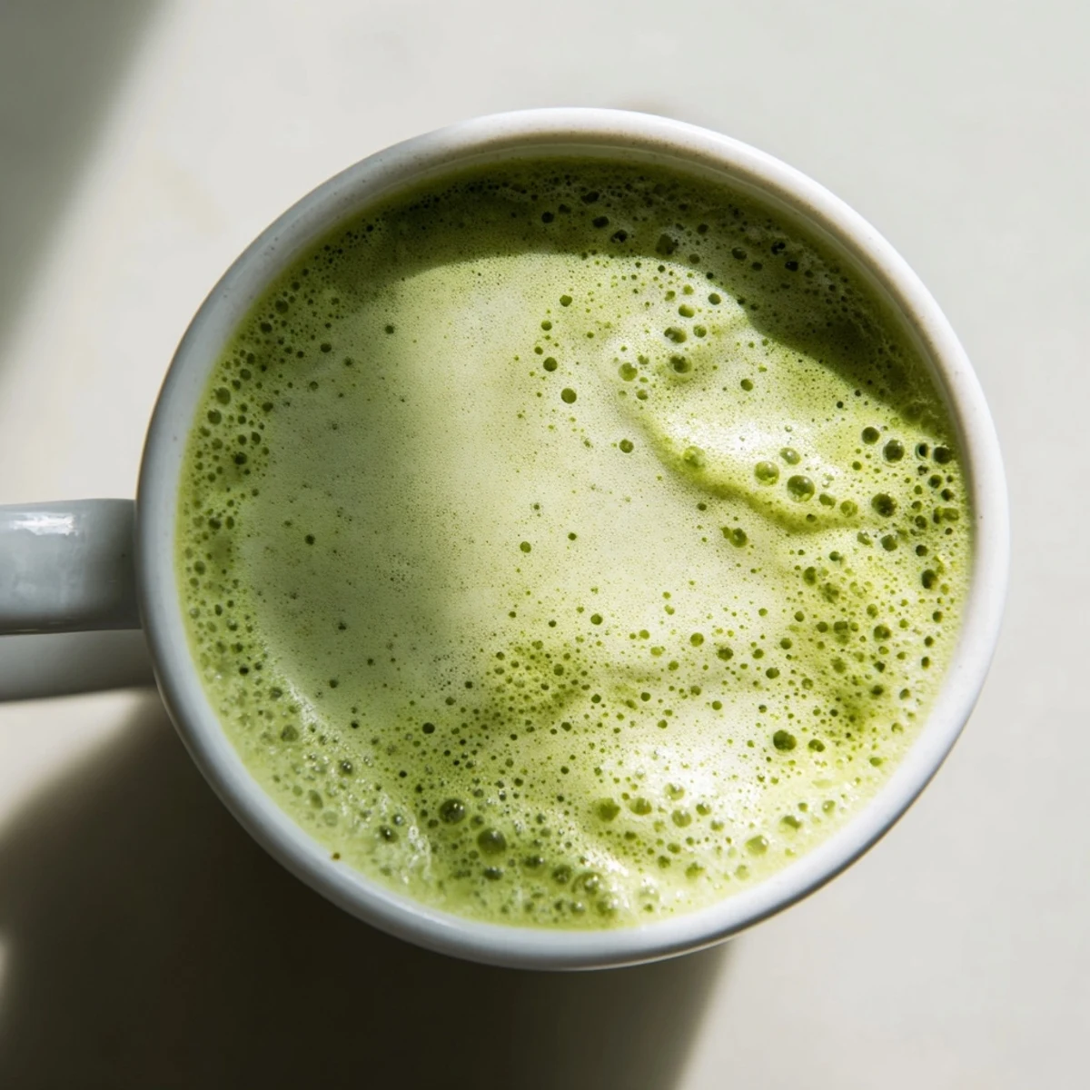 Homemade Japanese-inspired matcha latte with almond milk, served hot in a clear glass mug to display the beautiful layers and light foam on top.