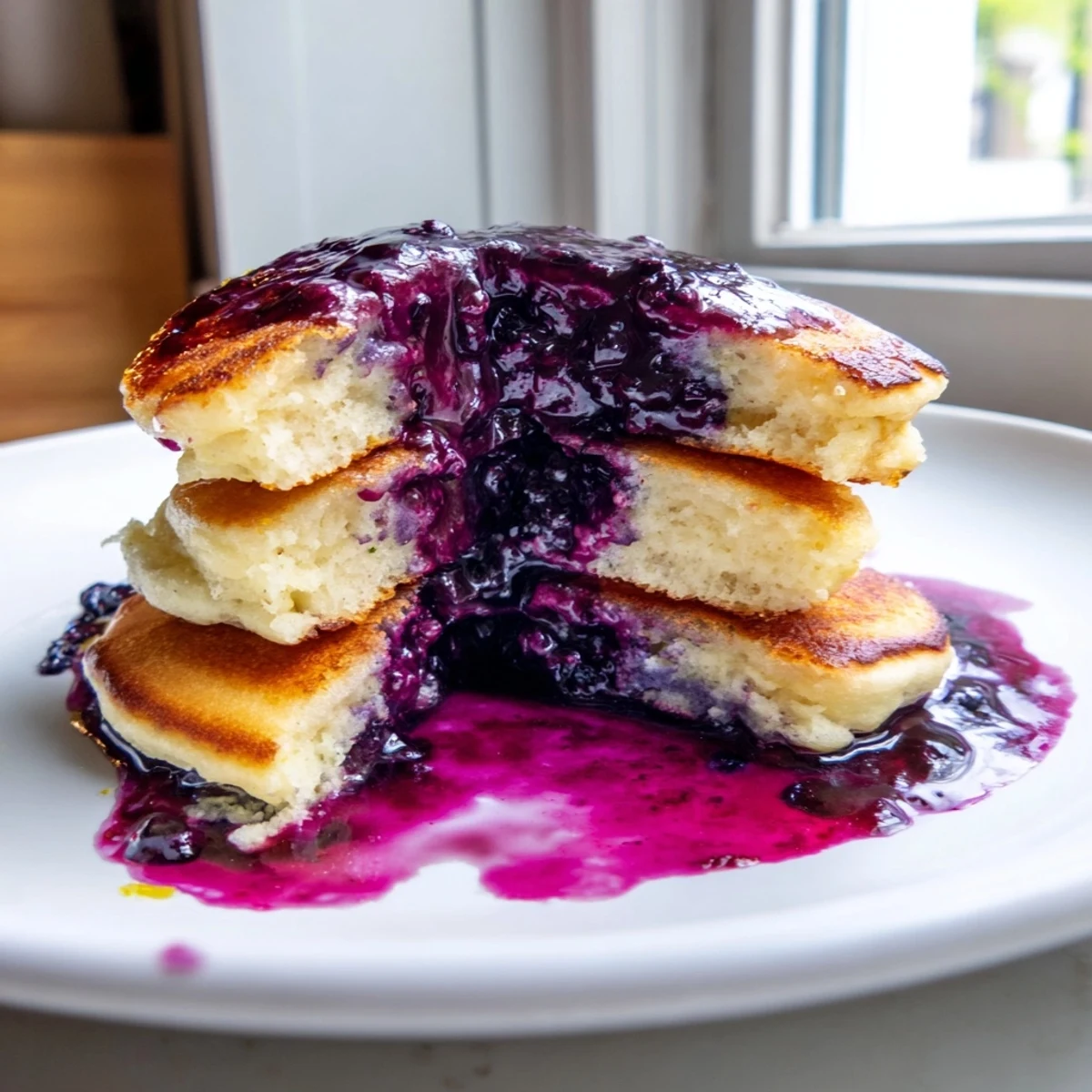 Fluffy lemon ricotta pancakes topped with vibrant blueberry syrup, ready for a special breakfast or brunch.