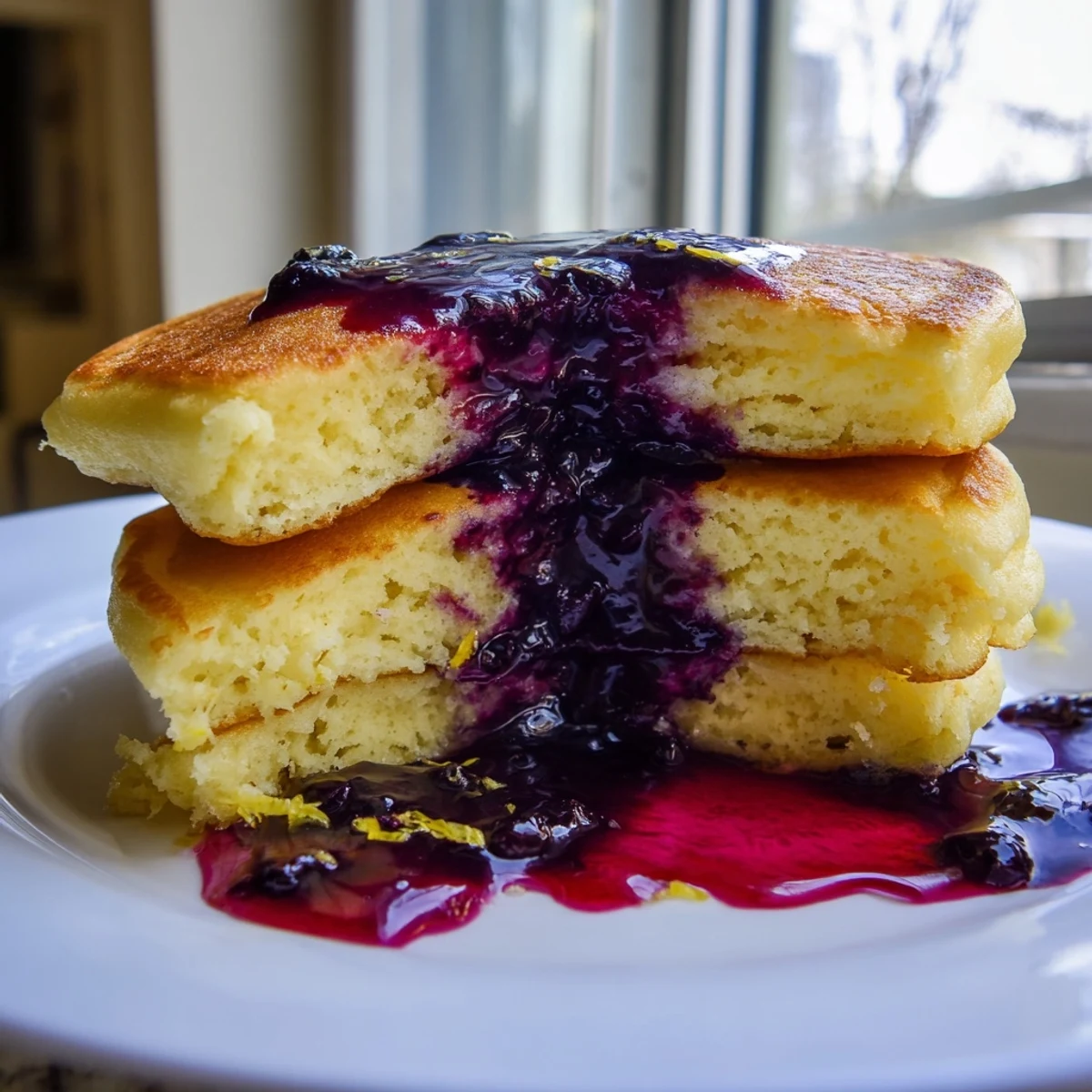 Golden-brown lemon ricotta pancakes drizzled with warm blueberry syrup on a rustic plate.