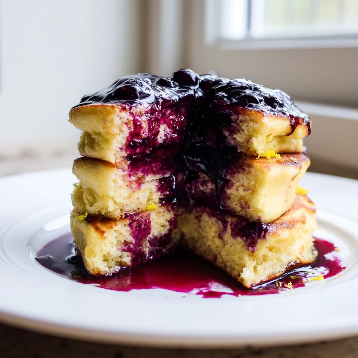Stack of tender lemon ricotta pancakes finished with a sweet homemade blueberry syrup.