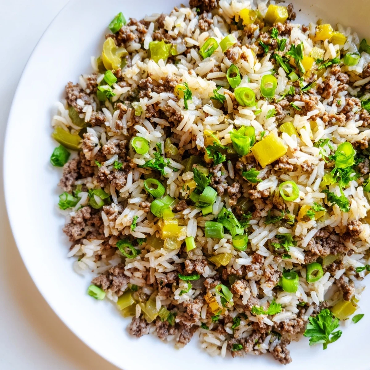 Flavorful Cajun Dirty Rice with Ground Beef steams in a skillet, showcasing spiced meat and tender rice.  