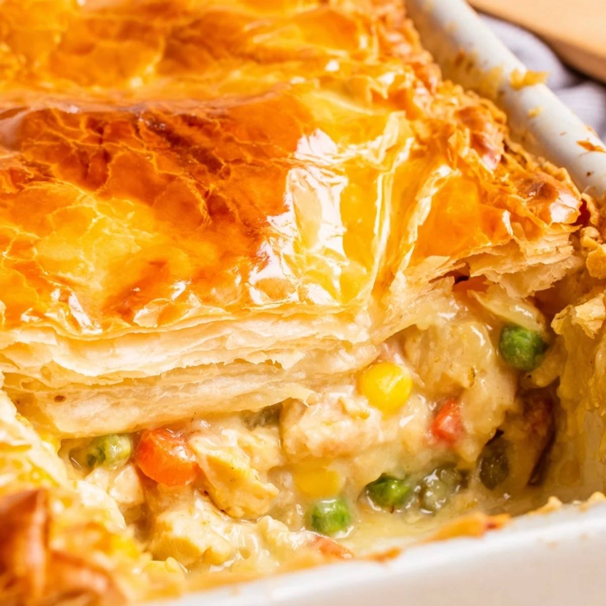 Golden, flaky puff pastry crust tops a steaming Chicken Pot Pie with tender chicken and creamy vegetables in a rustic pie dish.