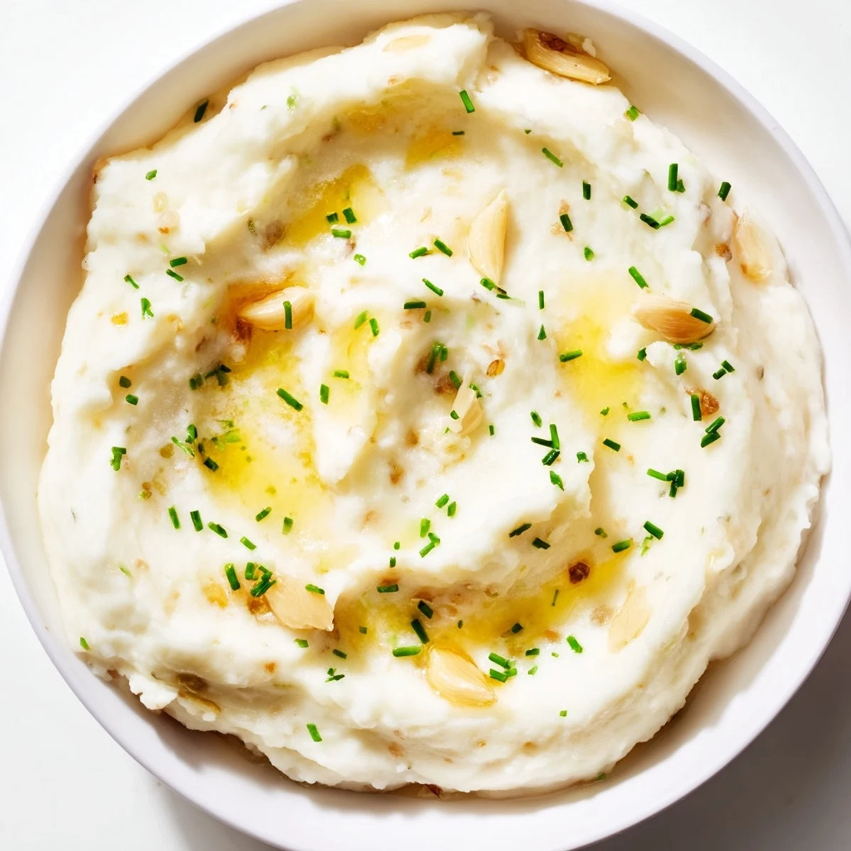 Creamy, fluffy Garlic Mashed Potatoes with Roasted Garlic in a rustic bowl, garnished with fresh chives and a pat of butter.